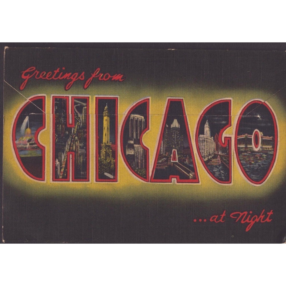 Greetings From Chicago Illinois IL Large Letter at Night Linen Postcard c1950